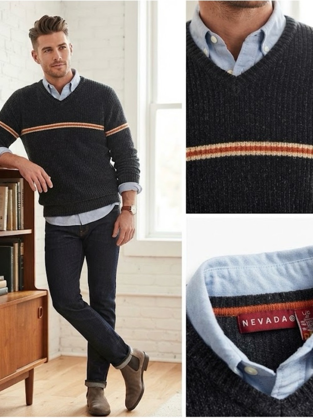 Nevada Black V-Neck Sweater with Stripe Detail